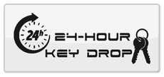 Black and white logo: "24-hour key drop," with clock icon and two keys on a ring.