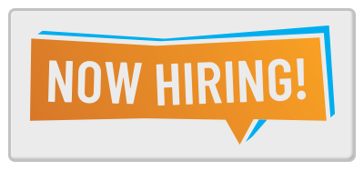 "Now hiring" text on orange speech bubble with blue and white border.