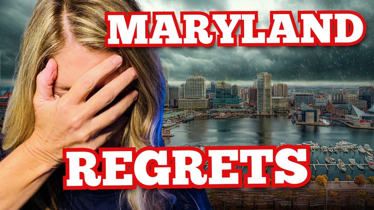 Woman covering face, Maryland skyline in background, text