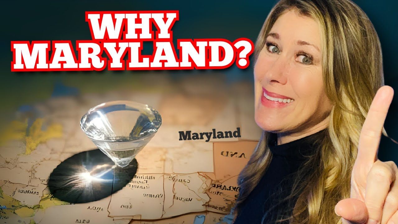 Woman pointing at the viewer with the word “WHY MARYLAND?” above. A diamond casts a shadow on a map of Maryland.