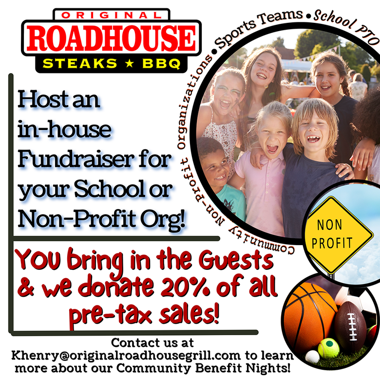 An advertisement for roadhouse steaks and bbq invites you to host an in-house fundraiser for your school or non-profit org