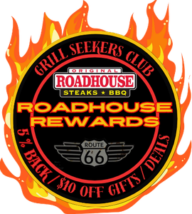 Roadhouse Rewards logo with flames: black circle with text and Route 66 wings, promoting 5% back and deals.