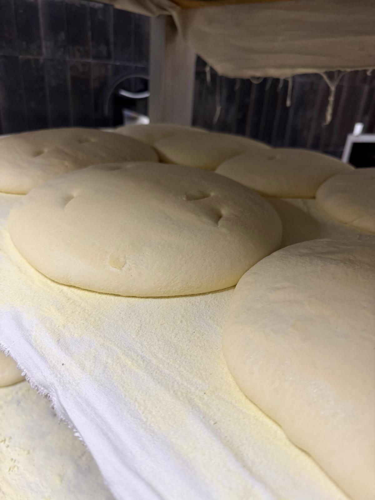 Panini di pasta appoggiati su una mensola coperta da un panno, probabilmente per la lievitazione prima della cottura.