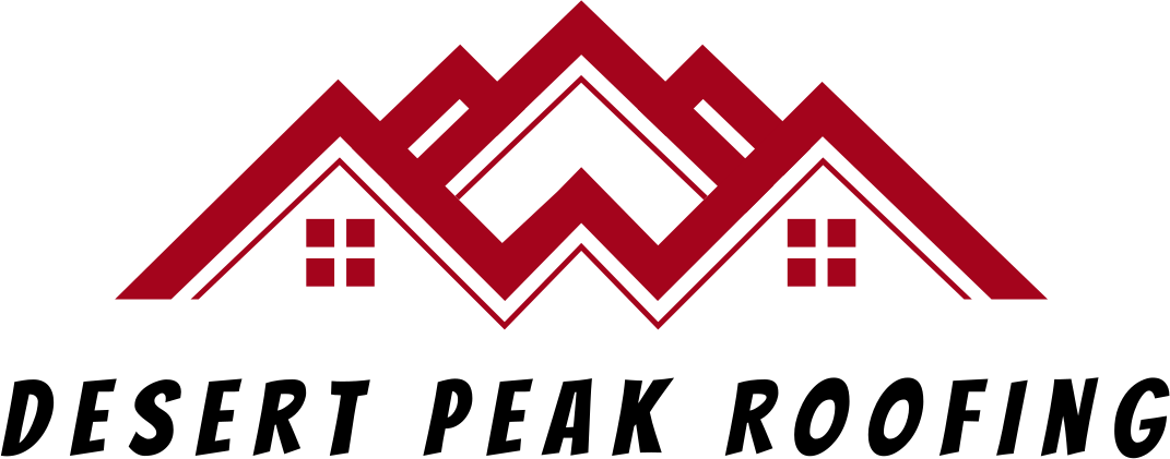 The logo for desert peak roofing shows a mountain and a house.