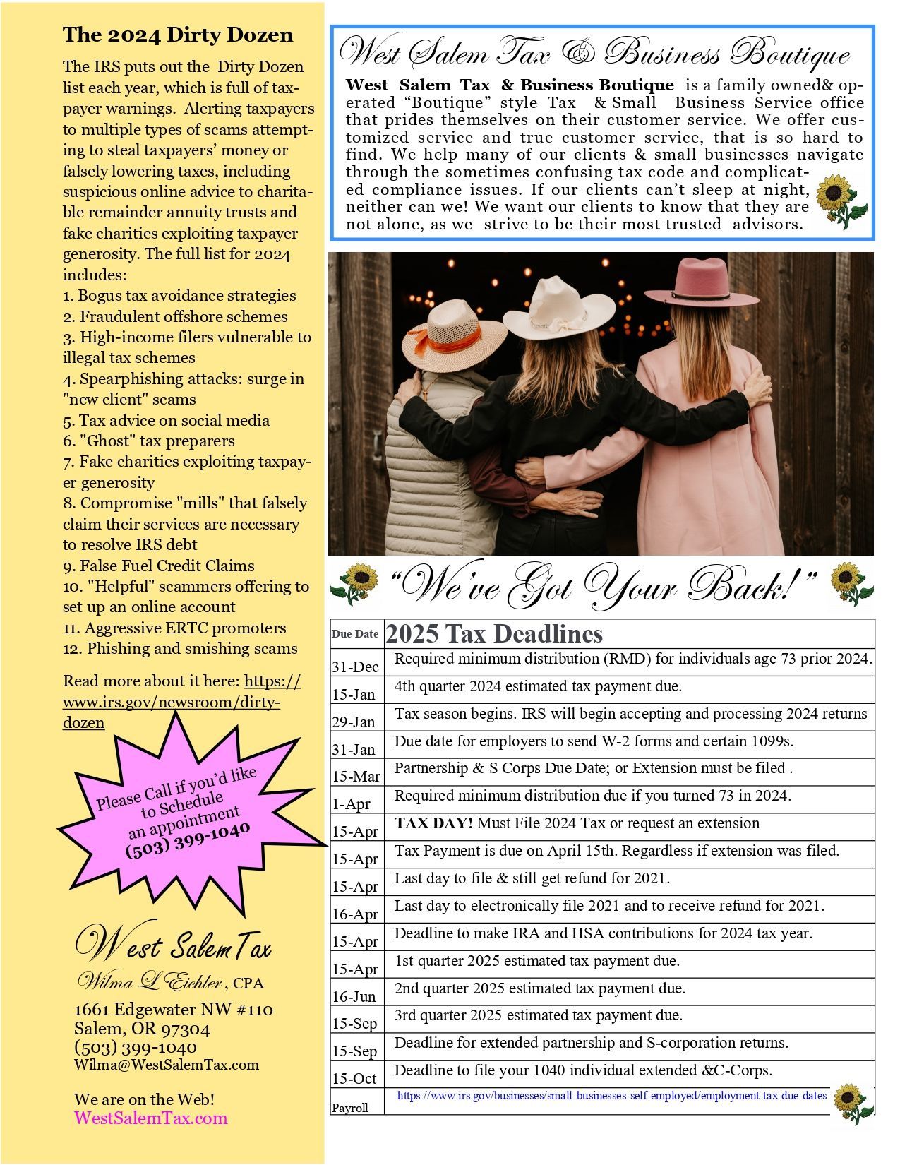 Newsletter with tax deadlines, women hugging, and other information. Newsletter with tax deadlines, women hugging, and other information.