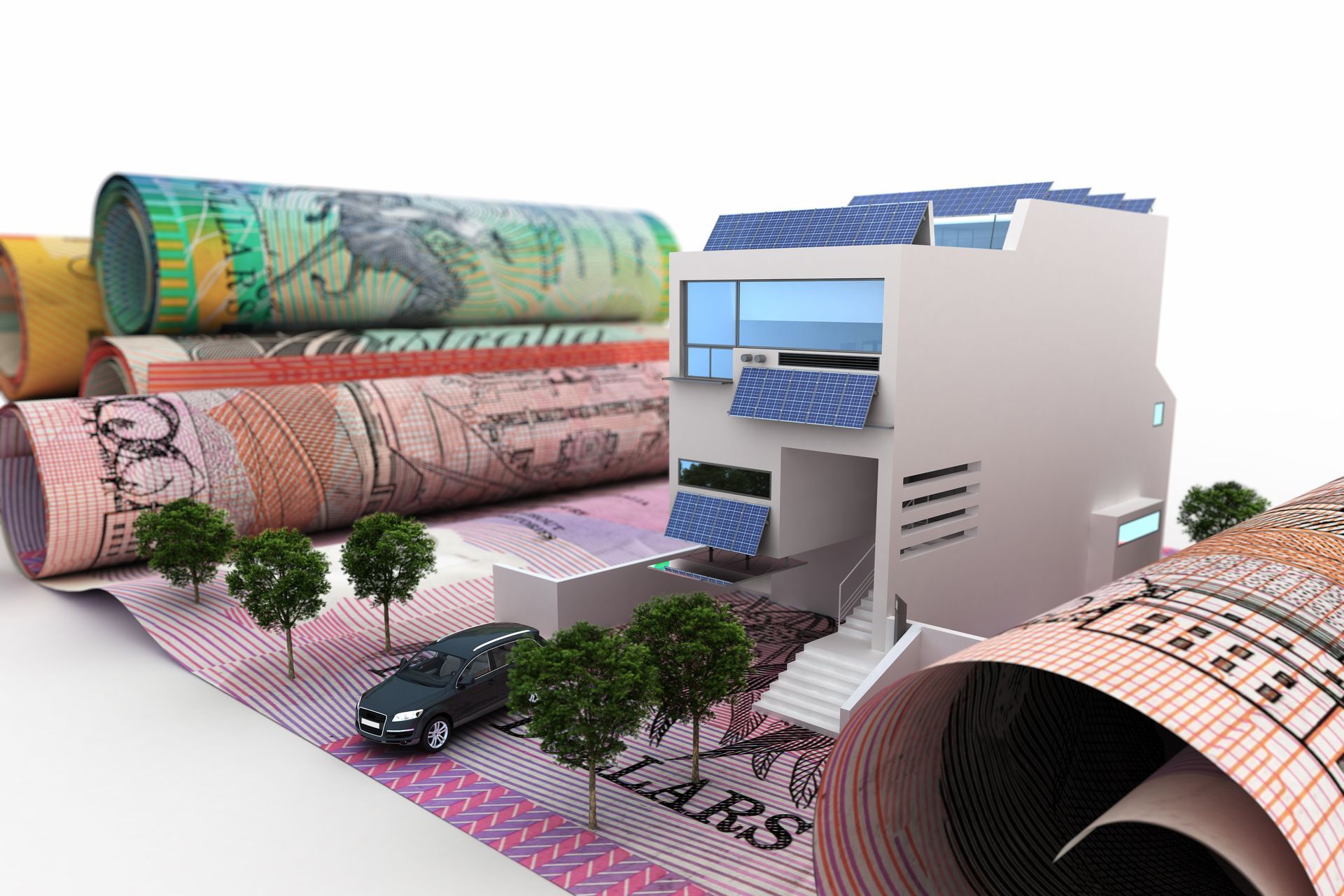 A house is surrounded by rolls of money and a car