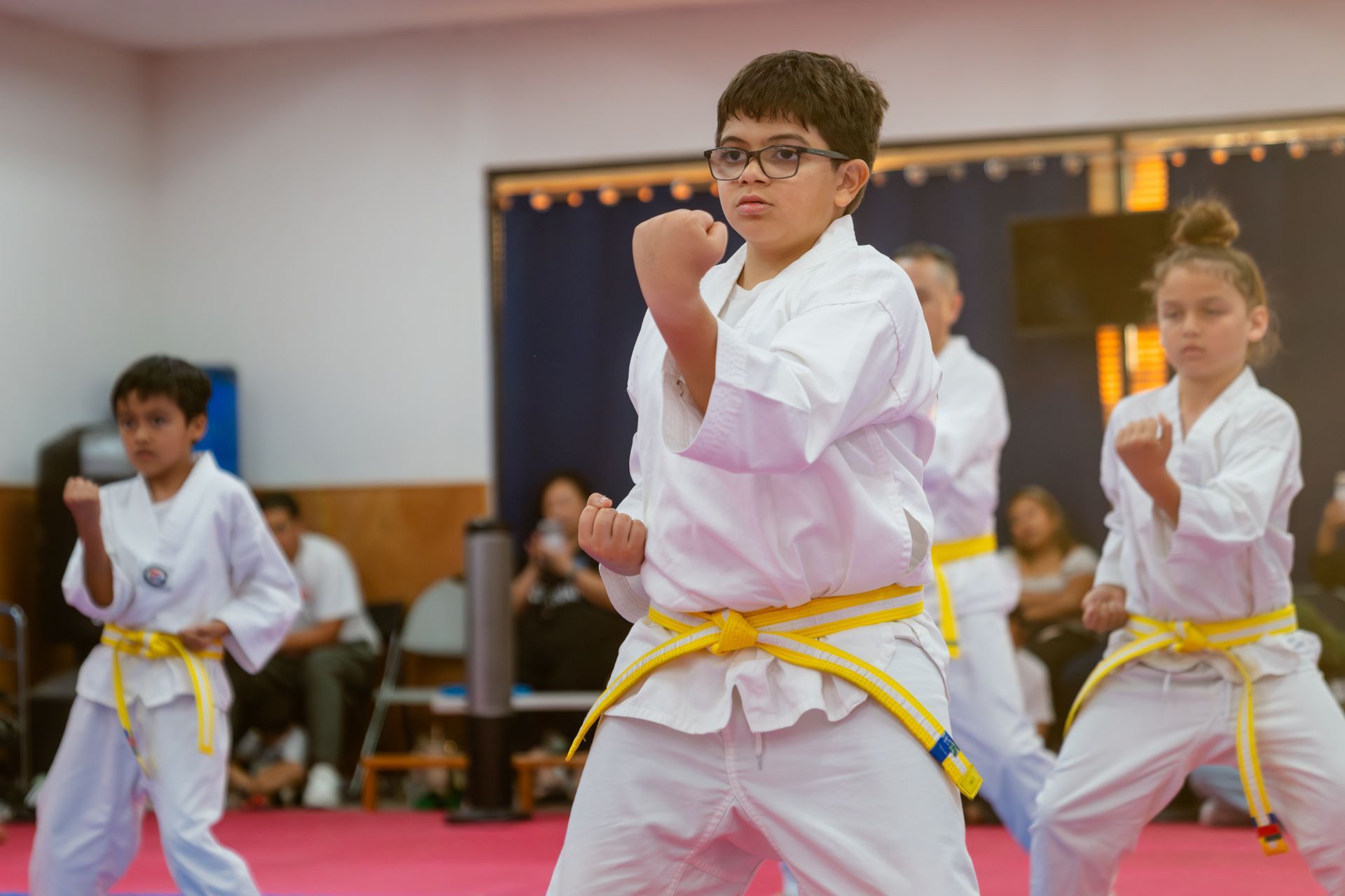 A team of Taekwondo kids posing stance.
