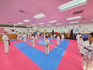 Taekwondo students in white uniforms practice poses in a studio with pink and blue floor mats and flags on the wall.