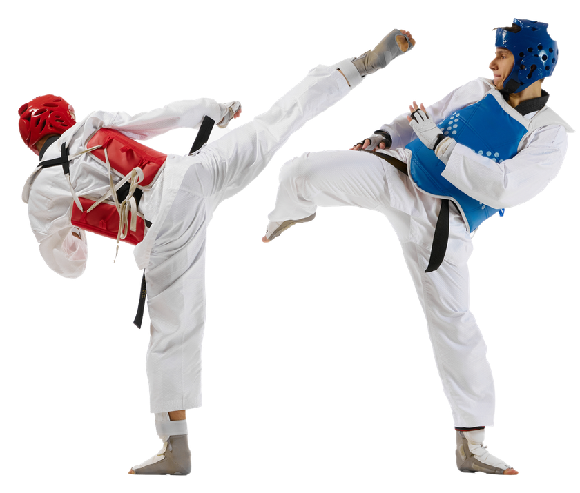 A person in a white martial arts uniform with an orange belt performs a high kick against a white background.