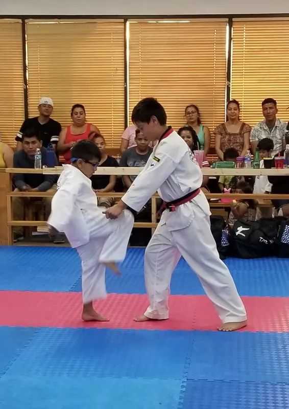 Two martial arts students in white uniforms practicing a defensive leg-block technique on a blue and pink mat.