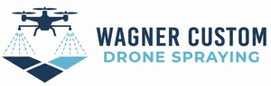 Logo of Wagner Custom Drone Spraying: a drone spraying liquid over a dark blue and light blue geometric shape.
