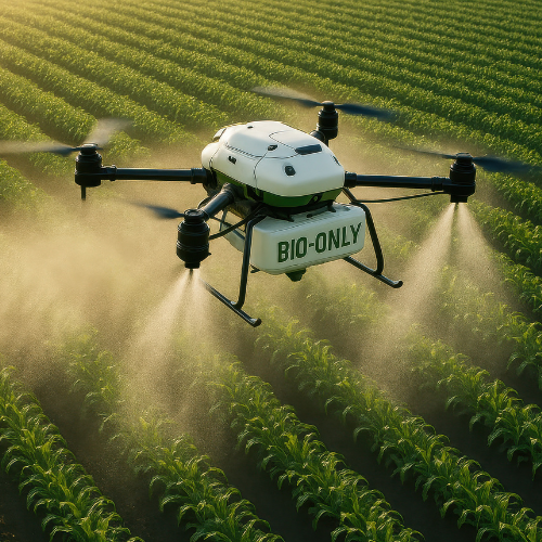 Drone spraying crops in a field, labeled 