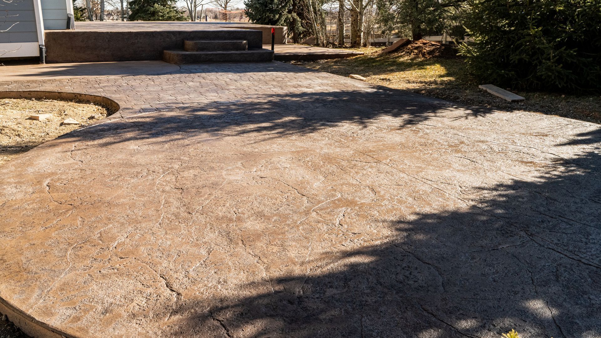 Gravel driveway leading to a stone step and wooded yard in bright sunlight