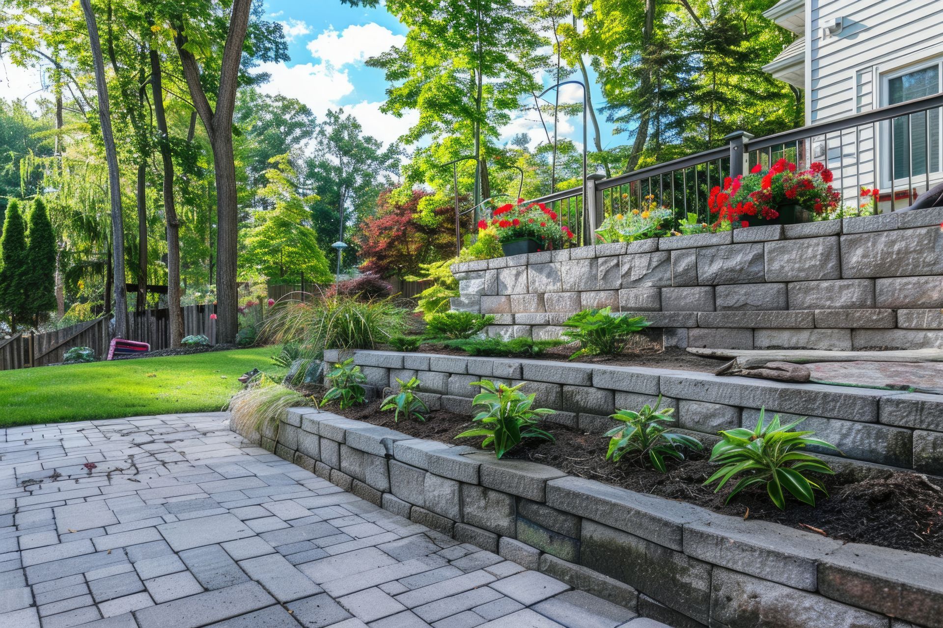 Stone terraced garden with lush plants, paved path, and trees beside a house under a bright sky