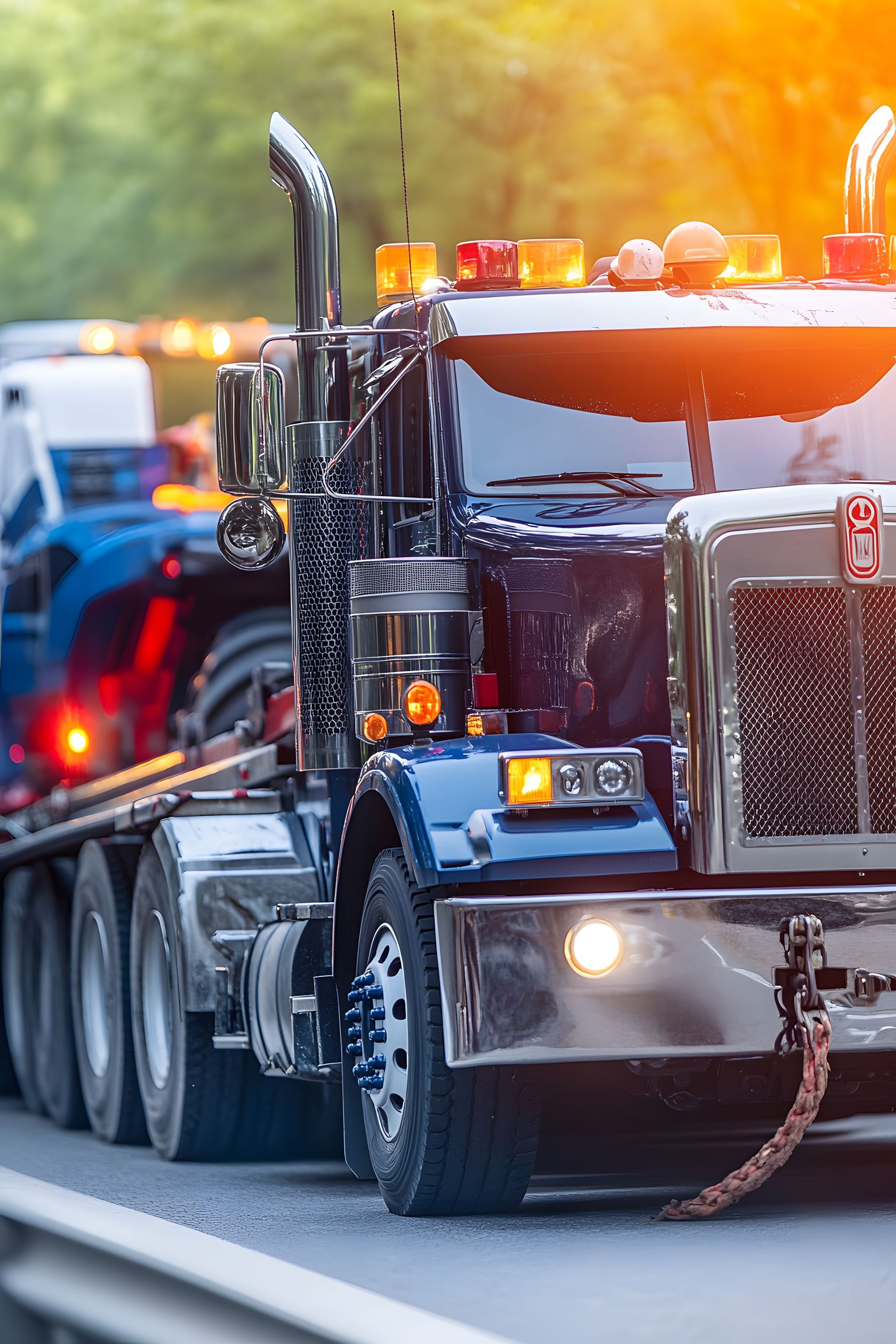 A tow truck is driving down a highway next to a blue truck.