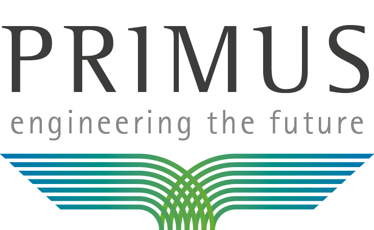 The logo for primus engineering the future is a book with wings.