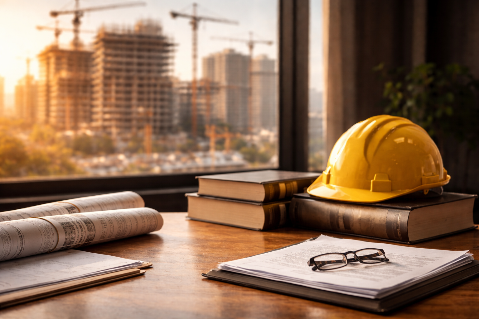 Construction desk with blueprints, books, glasses, and a yellow hard hat by a window overlooking a building site