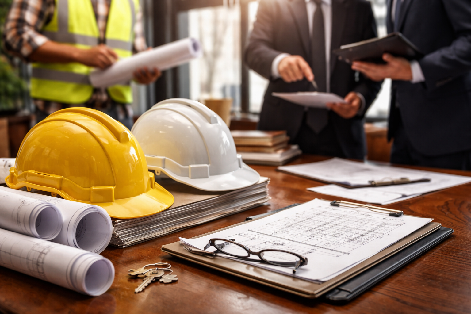 Construction plans with yellow and white hard hats on a desk, with people reviewing documents in the background