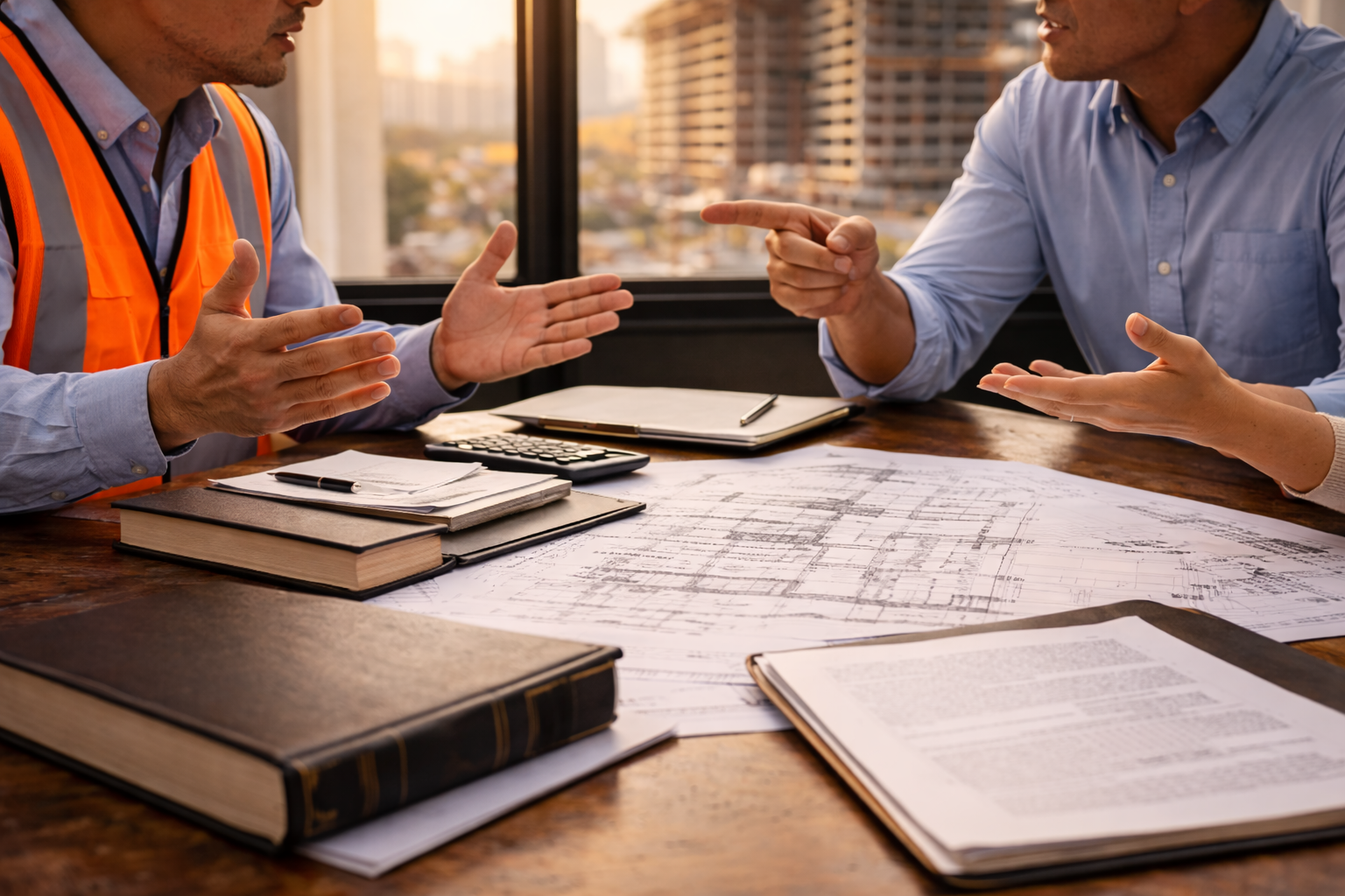 Two people discussing plans over blueprints and notebooks at a table in a city office