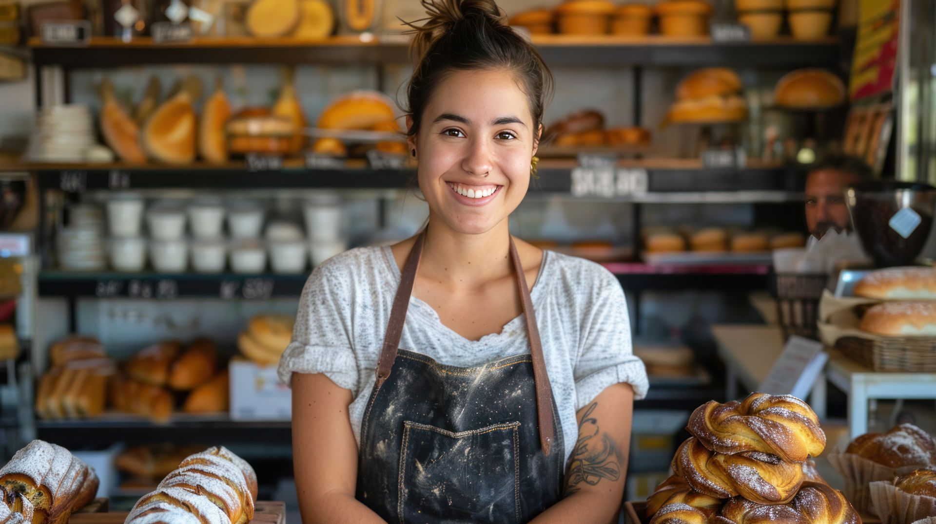 Bakery clerk smiling behind a counter of pastries and bread in a warm, rustic shop