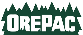 A logo for orepac with trees and mountains in the background