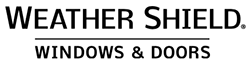 The logo for weather shield windows and doors is black and white.