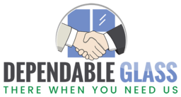 Dependable Glass Logo - graphic of hands shaking in front of a window