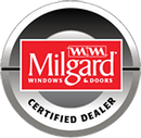 The logo for milgard windows and doors is a certified dealer.