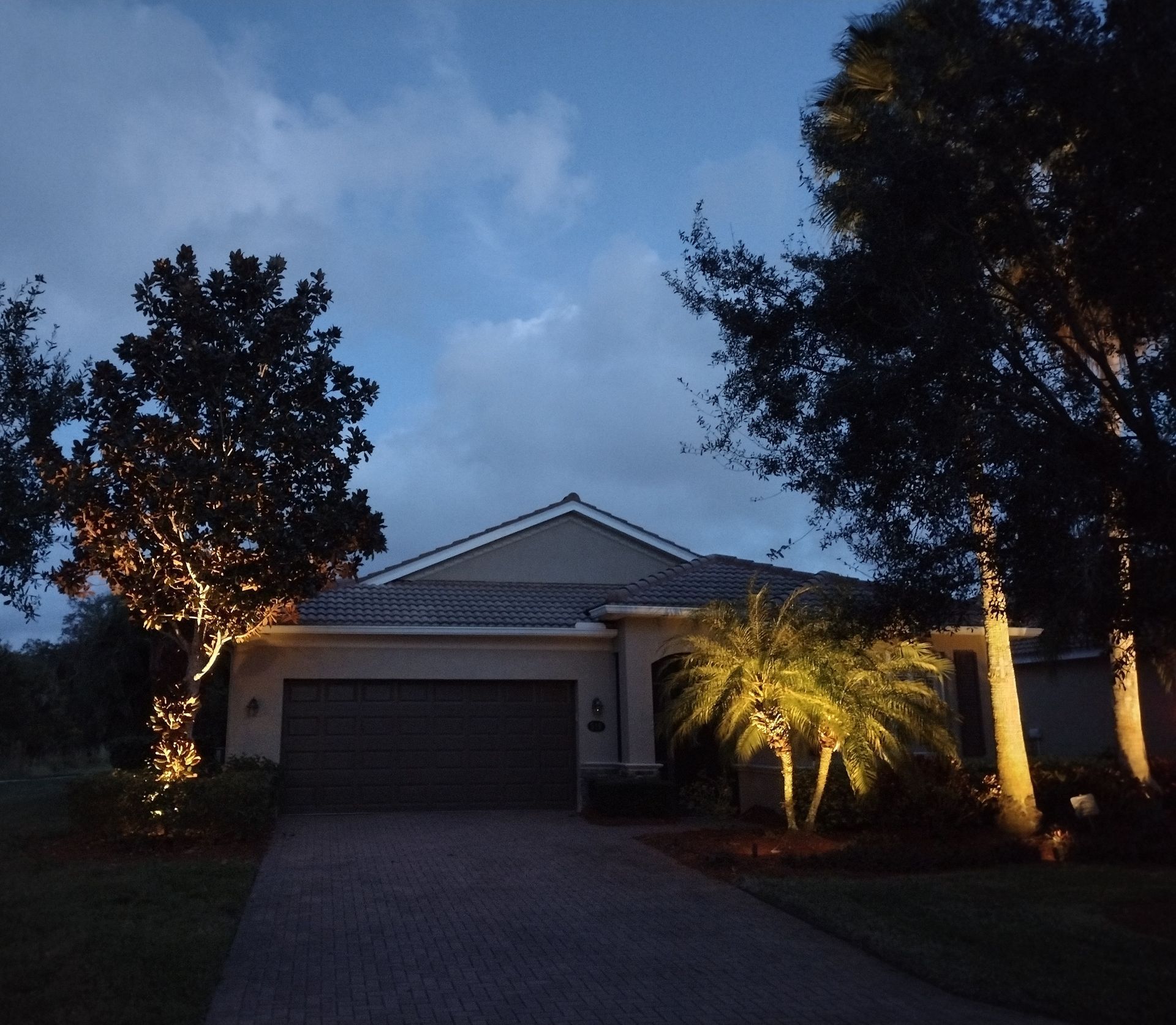 A house at dusk with landscape lighting illuminating trees and the front of the home.