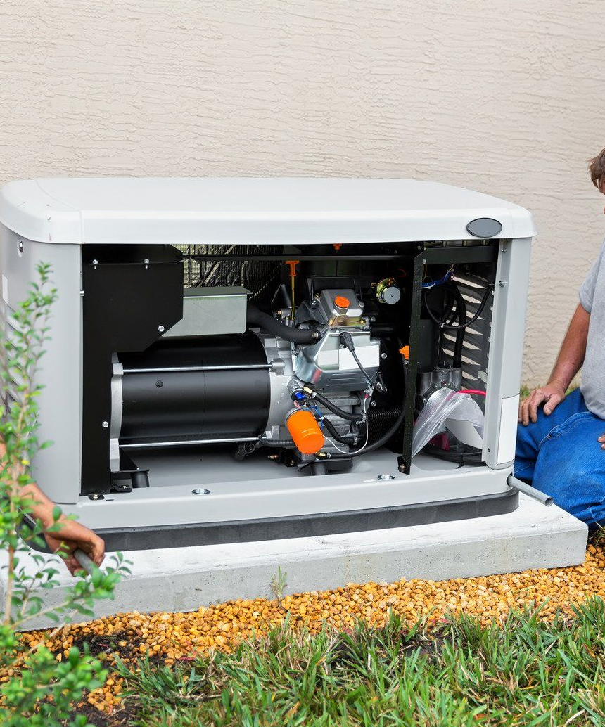 Generator with open access door, mounted on a concrete base, next to a person, outdoors.