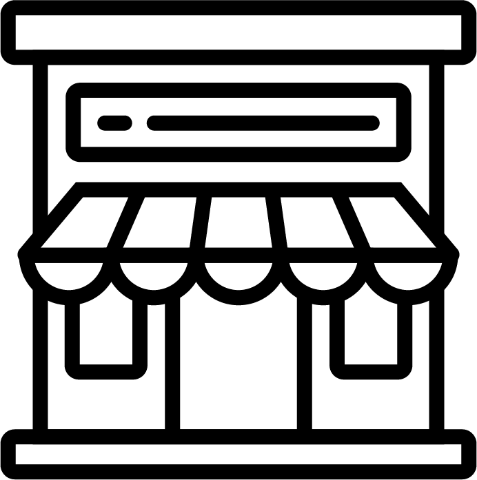 a black and white icon of a store with awnings