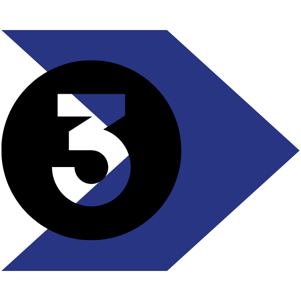 Ein blauer Pfeil mit der Zahl 3 in einem schwarzen Kreis