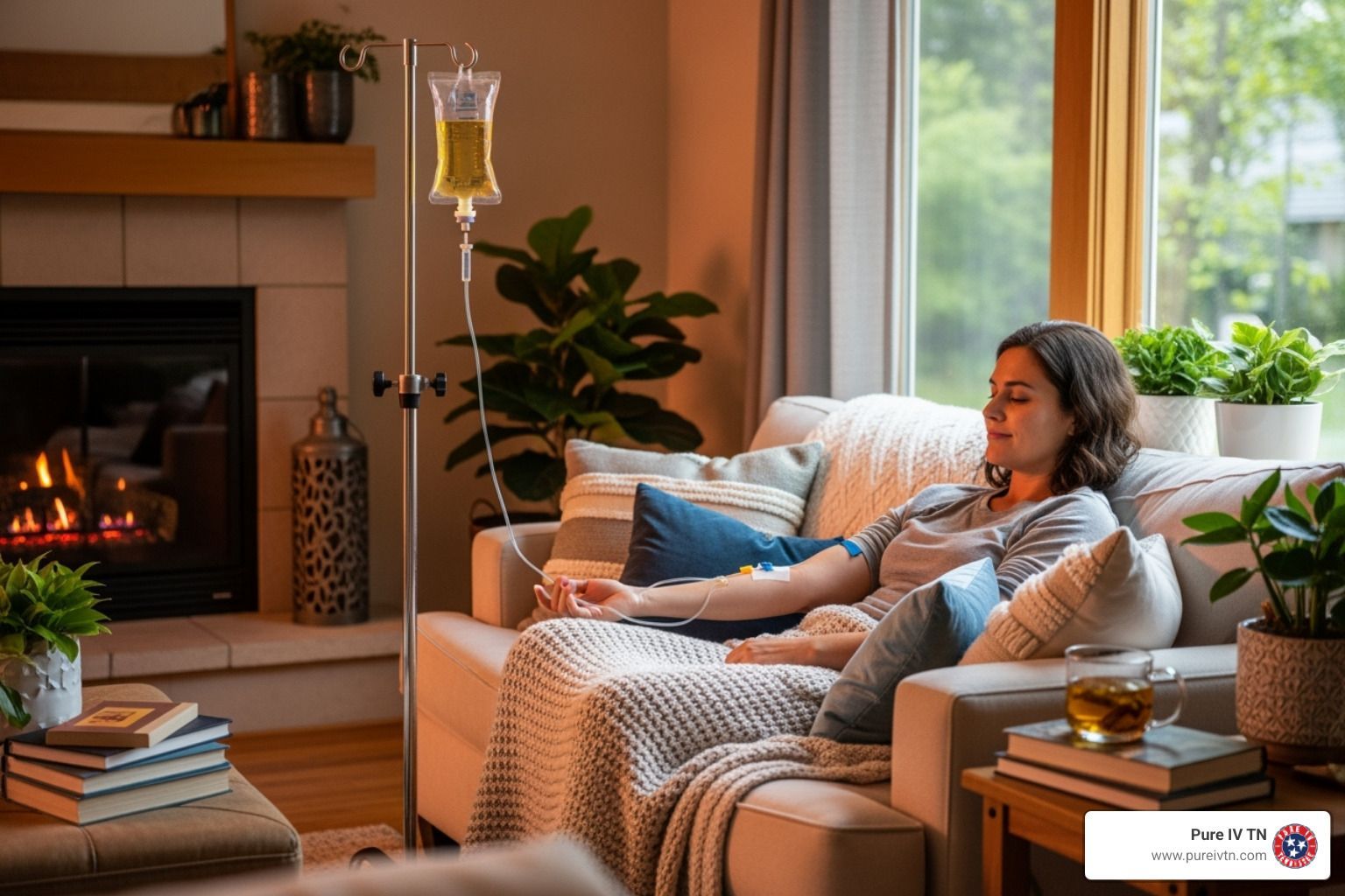 Woman receiving IV infusion, resting on a couch in a home, near a fireplace and window with plants.