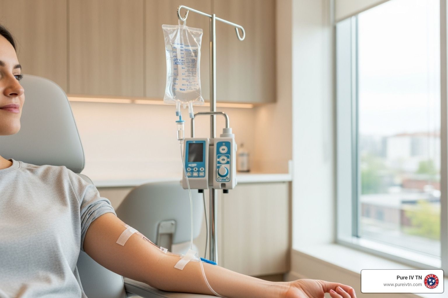 Woman receiving IV fluids in a medical setting, arm bandaged, next to a window.