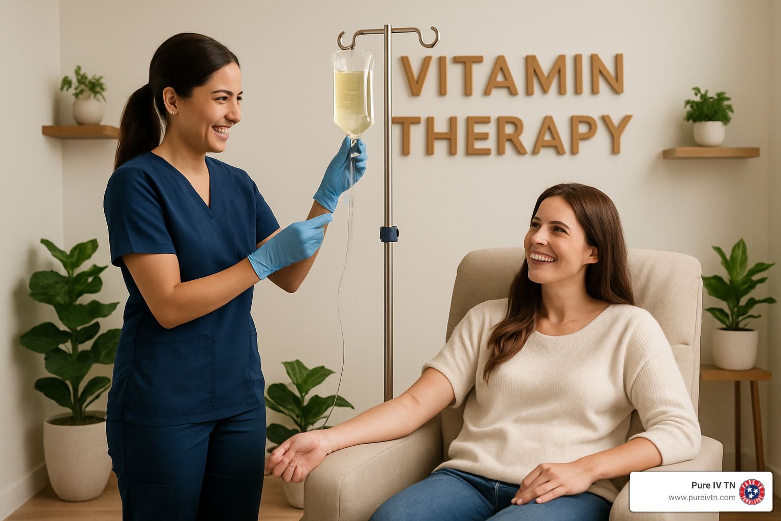 A nurse is preparing an IV drip for a woman receiving IV vitamin therapy