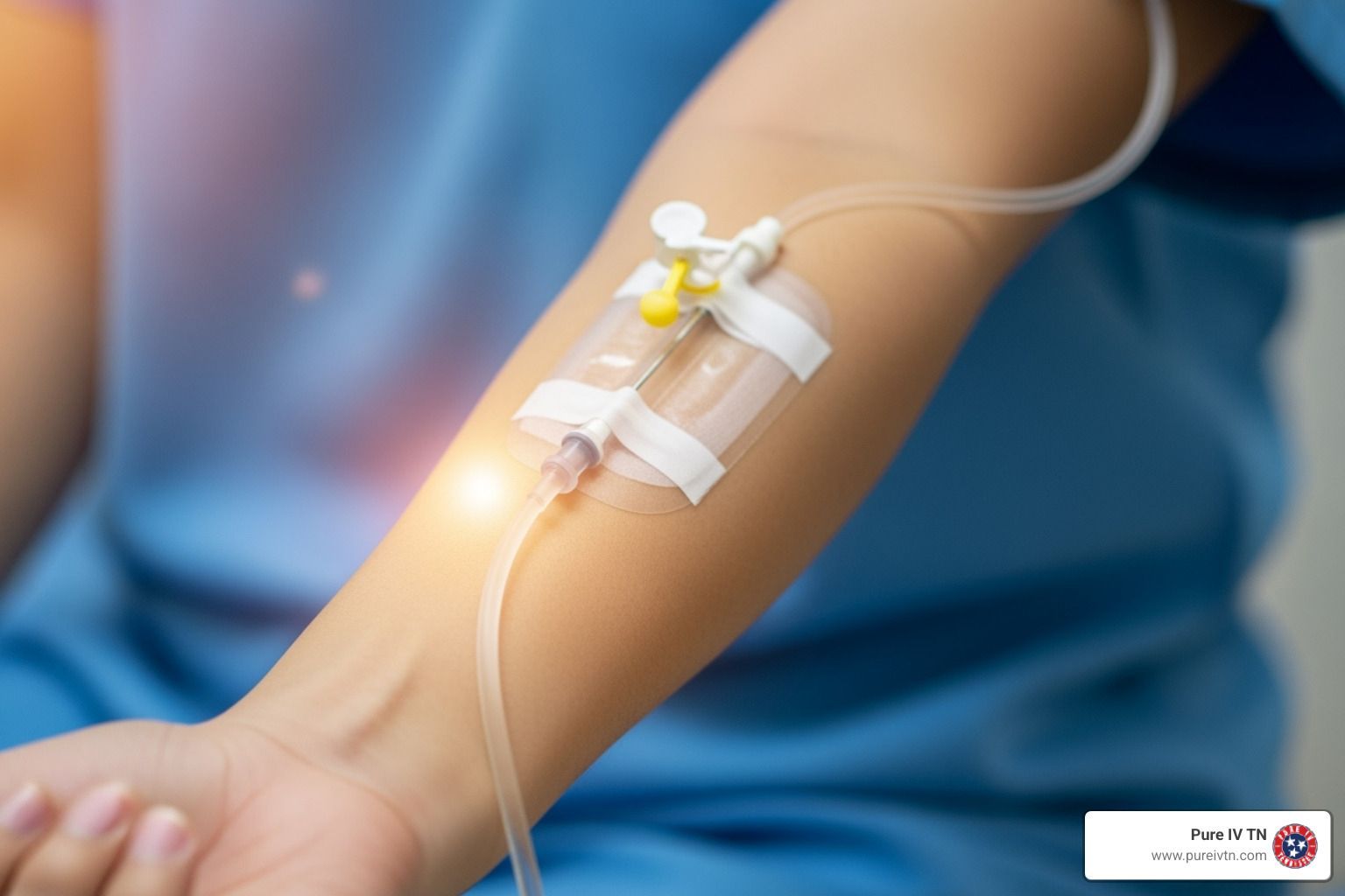 Arm with IV drip; patient in hospital gown.
