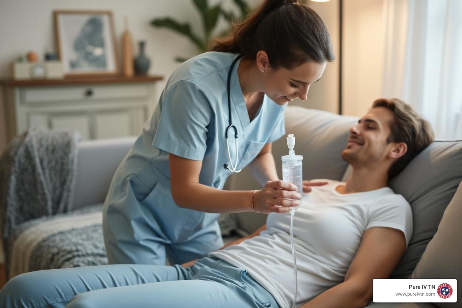 Nurse giving IV fluids to a man lying on a couch in a home setting.