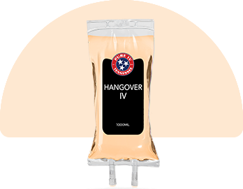 A bag of hangover iv is sitting on a table.