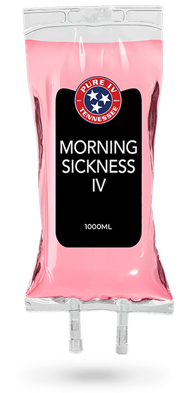 A pink bag of nausea iv on a pink background.
