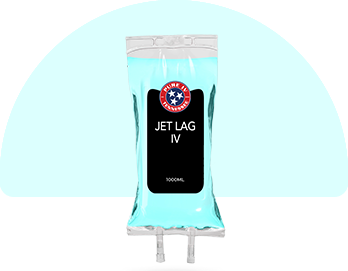 A bag of jet lag iv is sitting on a table.