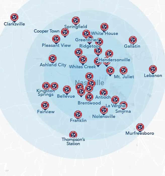 A map of nashville shows a lot of red circles