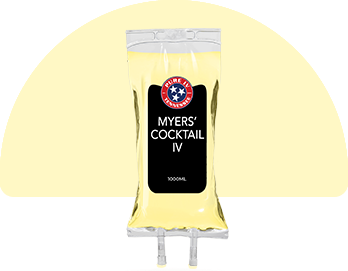 A bag of myers cocktail iv is sitting on a table.