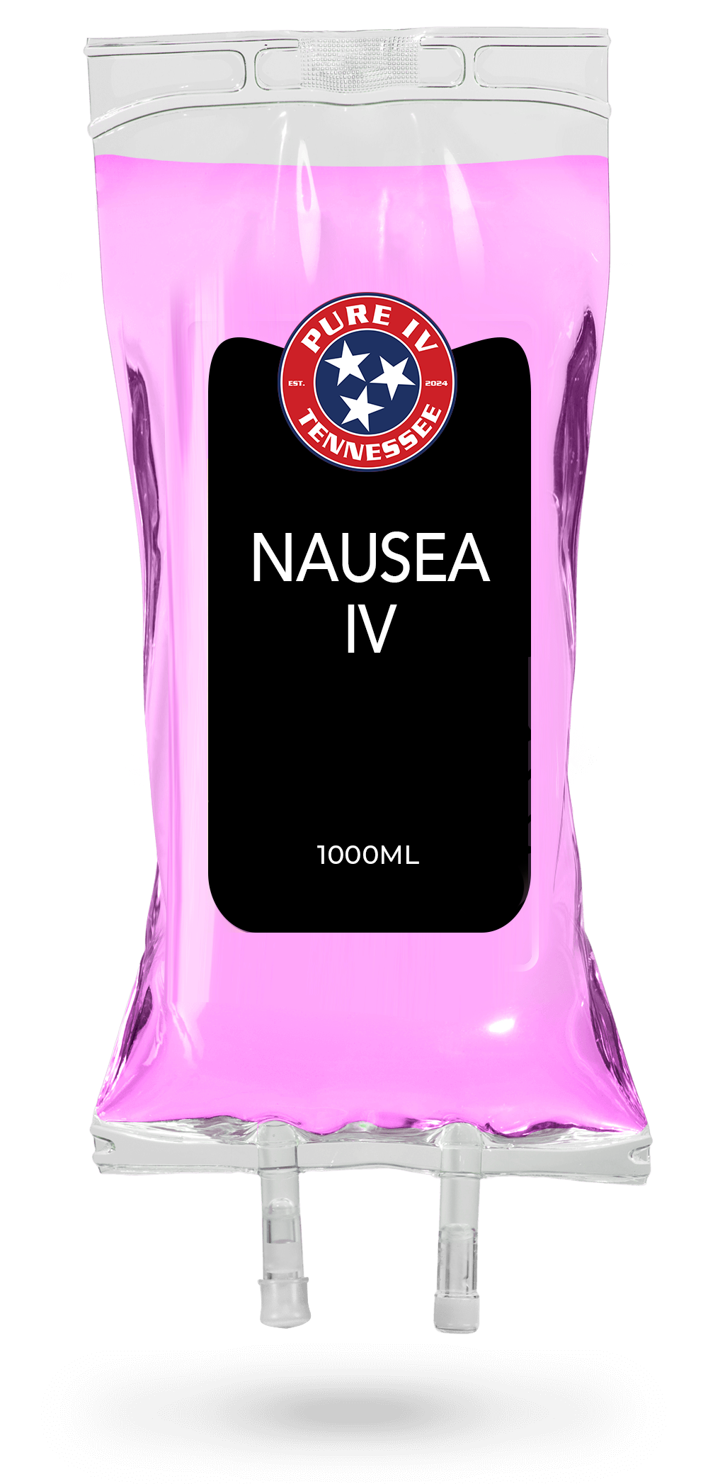 A pink bag with a black label that says nausea iv