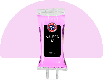 A pink bag of nausea iv on a pink background.