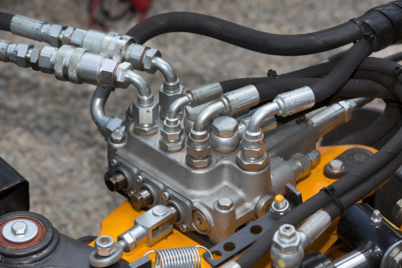 Hydraulic Valve Block With Connected Hoses and Fittings, Metallic Gray With Black Hoses, on a Yellow Base — Wilsons Plant in Wollongong, NSW