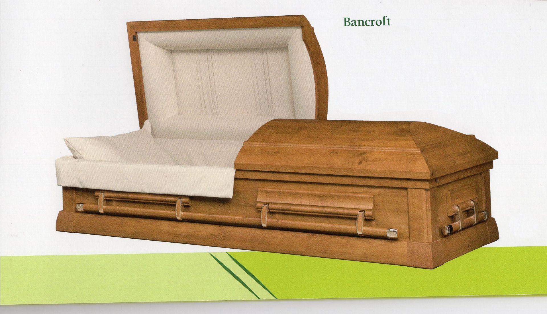 a wooden casket with the lid open and a white lining