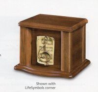 a wooden urn with a life symbol on it .