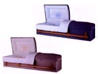 two caskets dark wood casket and one wooden cremation casket