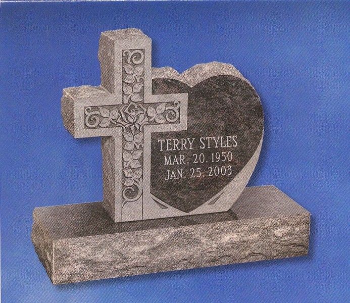 upright headstone with cross and heart