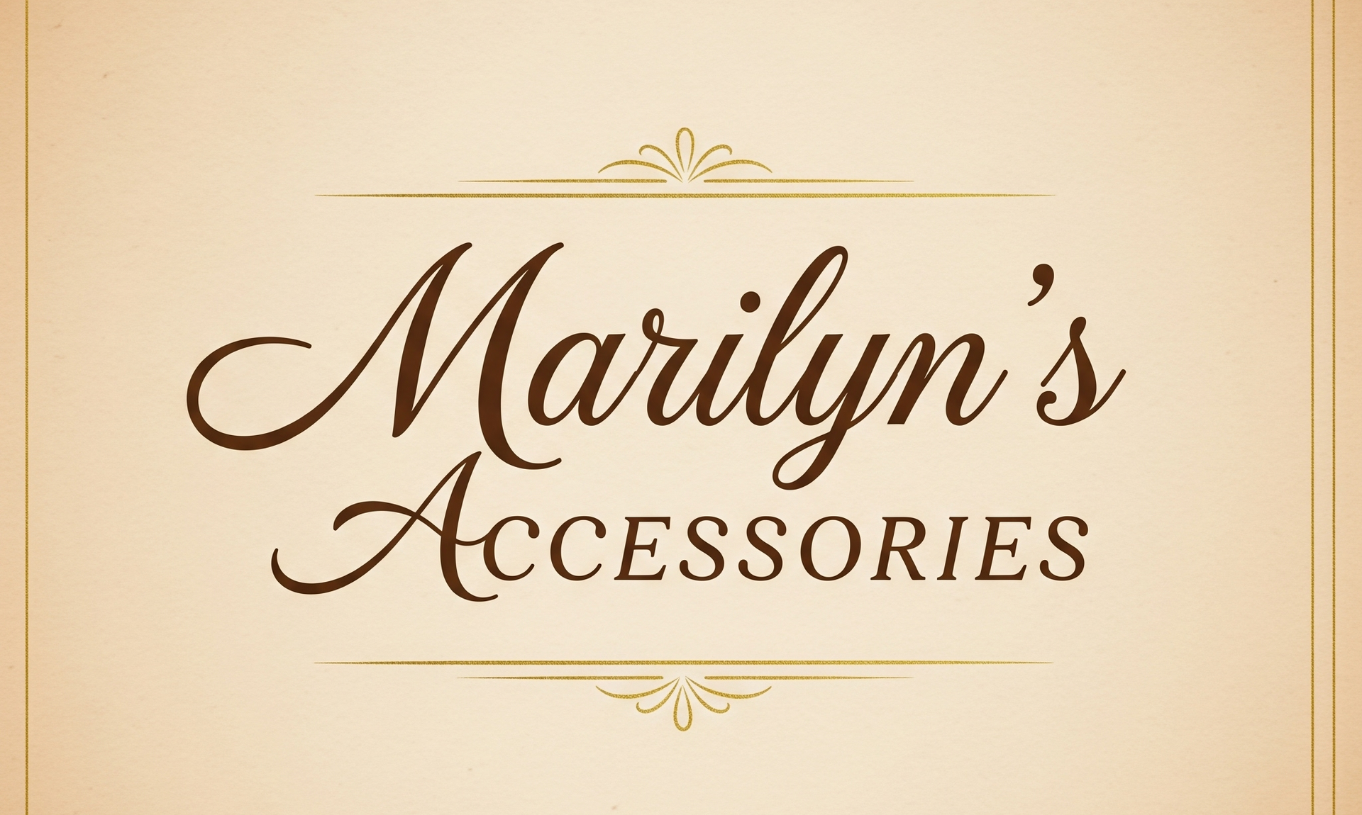 Logo for Marilyn's Accessories in elegant brown script and serif font on a cream background, framed by gold flourishes.